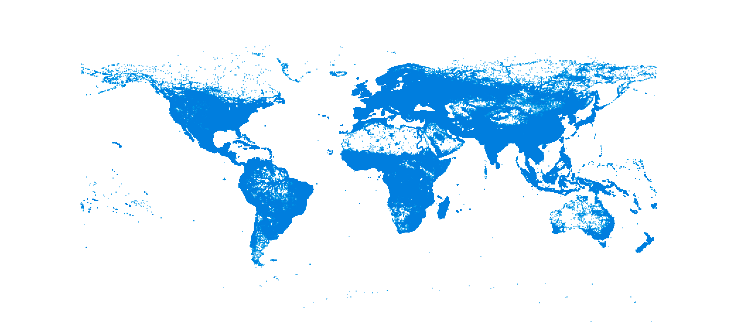 World map in blue, more dots after GeoNames import