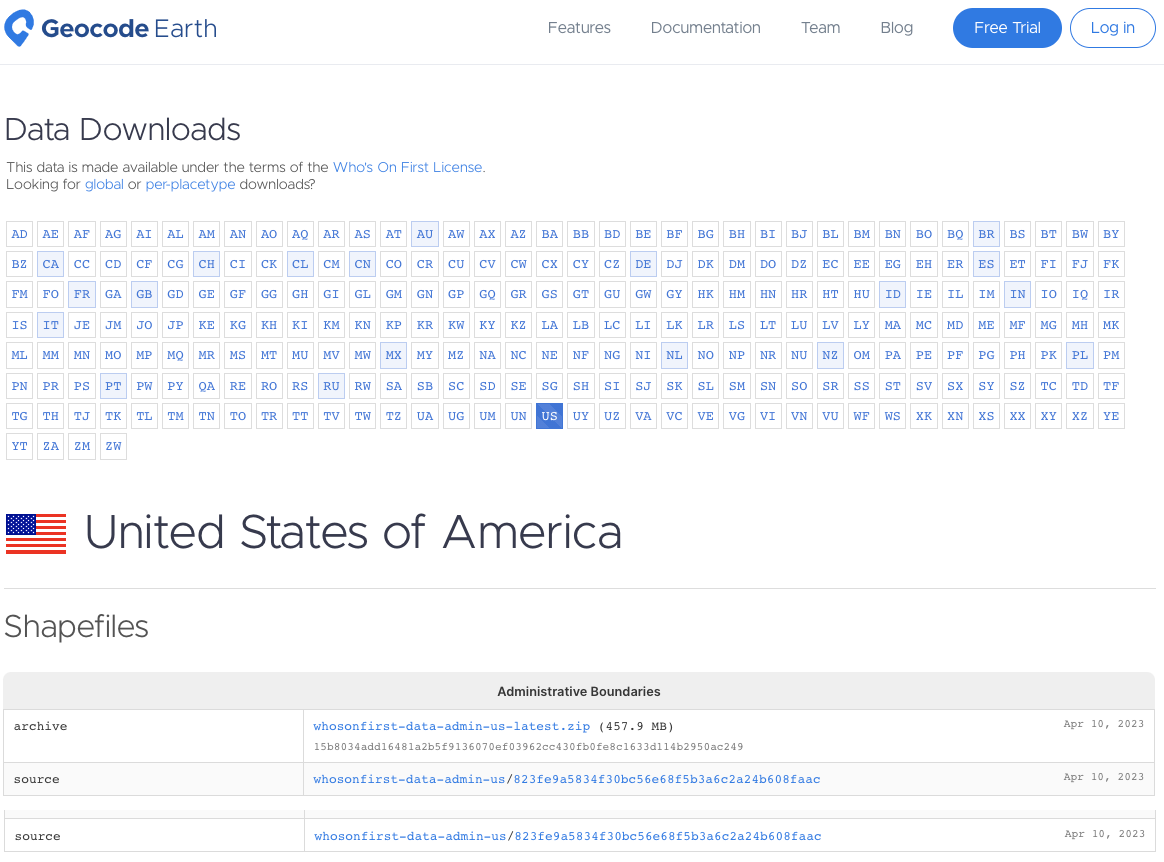 screenshot of Shapefile downloads from Geocode Earth